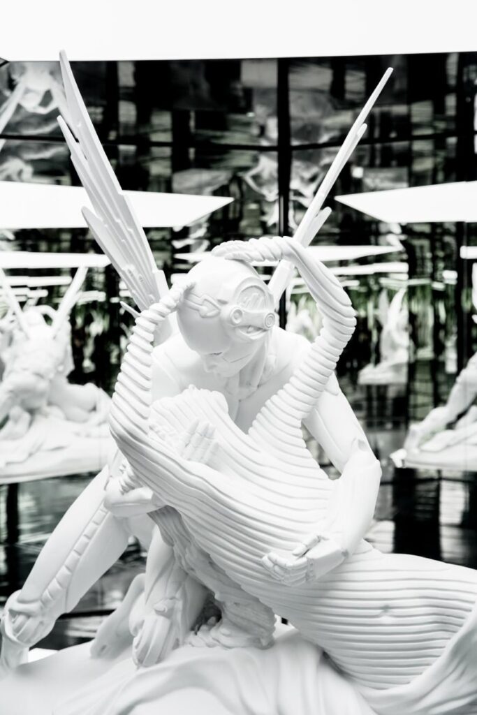 Futuristic reinterpretation of Canova’s Amore e Psiche in glowing neon light