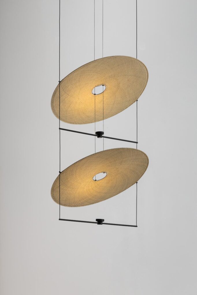 Cilia Pendant light by David Pompa with handwoven palma and aluminium frame