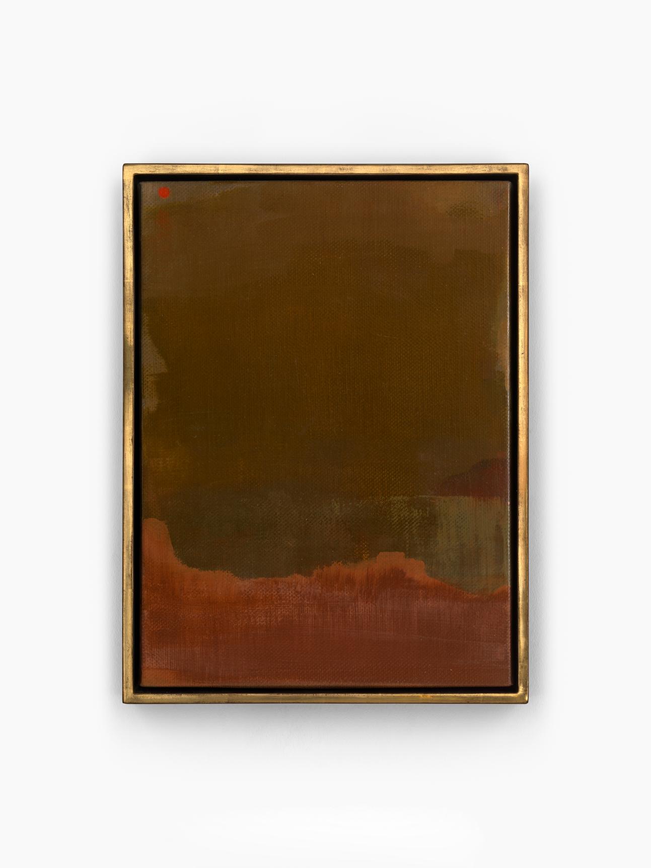 Vintage abstract painting with earthy tones on framed canvas.