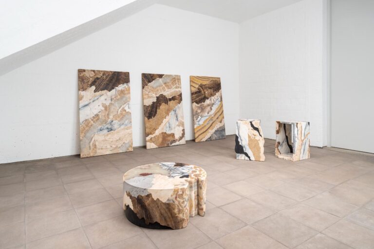 Mapa de Suelos stone tables by RF Studio celebrate Peru’s geology and craft Vibrant marble art sculptures and slabs in modern interior design setting at Visual Atelier 8.