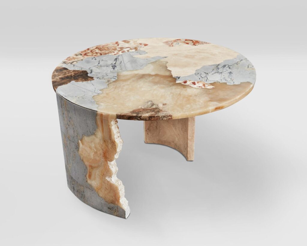 Polished stone tabletop from the Mapa de Suelos series highlighting natural texture and material contrast