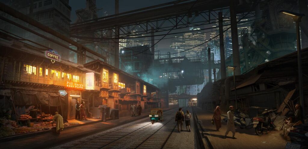 Concept art of a futuristic cityscape by Yicheng Zhu showcasing detailed world-building and digital painting techniques