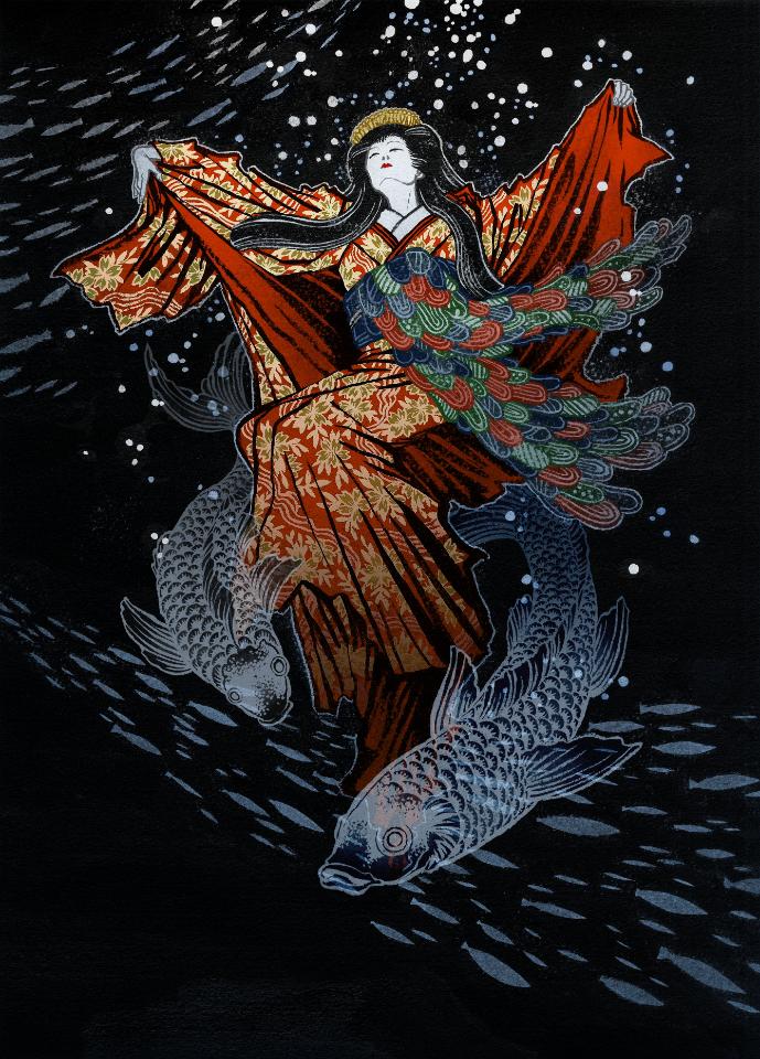 Geisha swimming with koi fish underwater, traditional Japanese style