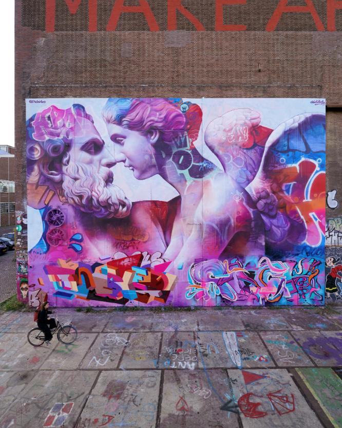 Mural by PichiAvo showing classical mythology figure with graffiti elements 