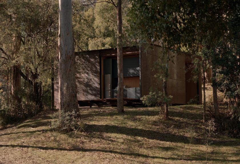 Wide shot of the treehouse blending into its natural environment