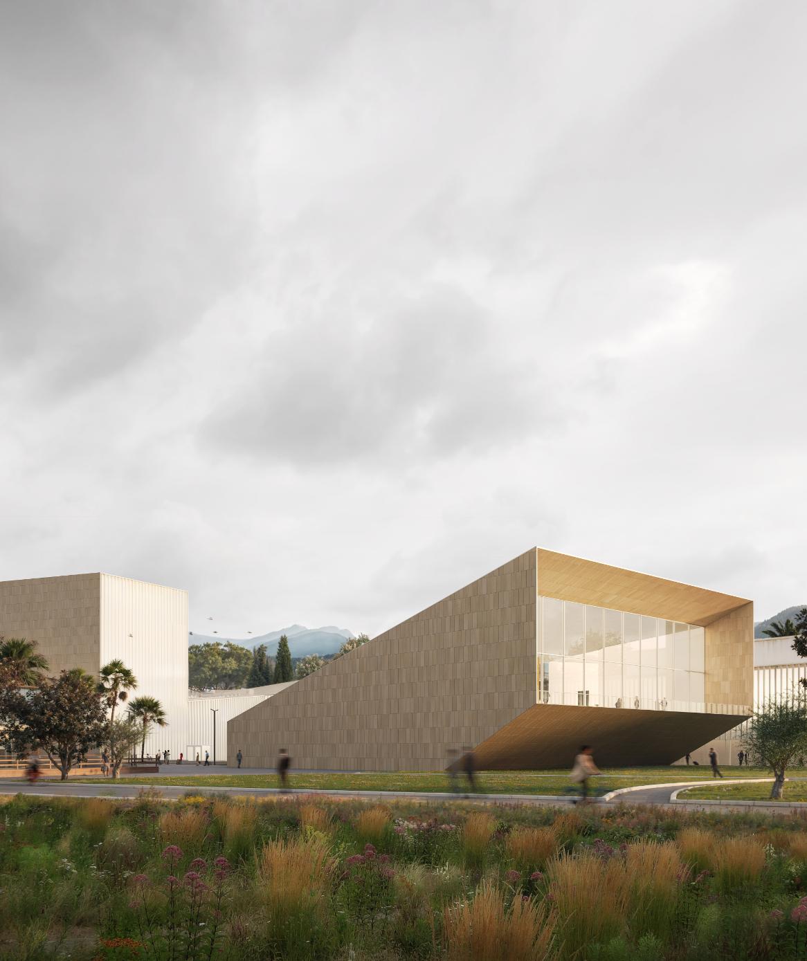 Modern architectural building with unique floating design and large glass facade in a landscaped outdoor setting.