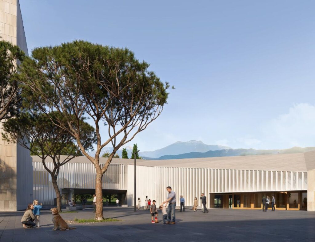 Panoramic rendering of the new public square connecting the Congress Complex to Riva del Garda’s historic city center.