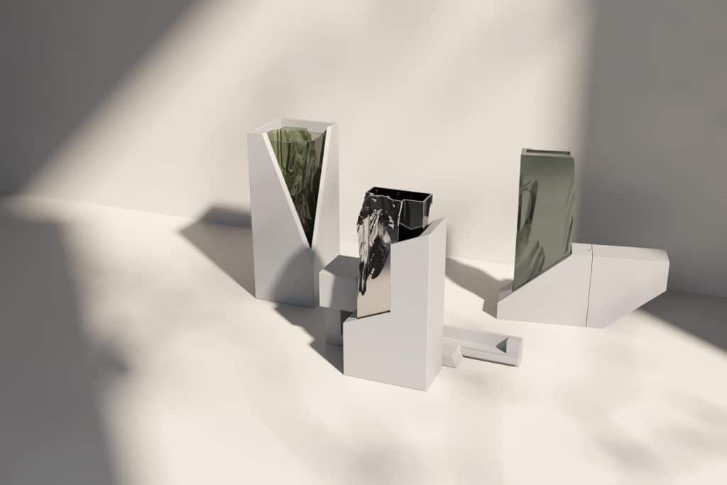Vase collection with marble-effect finishes on modern white display stands.