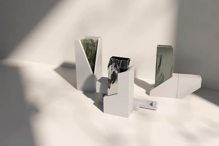 RE/CRAFT presents designers shaping sustainable future at ICFF 2025 Vase collection with marble-effect finishes on modern white display stands.