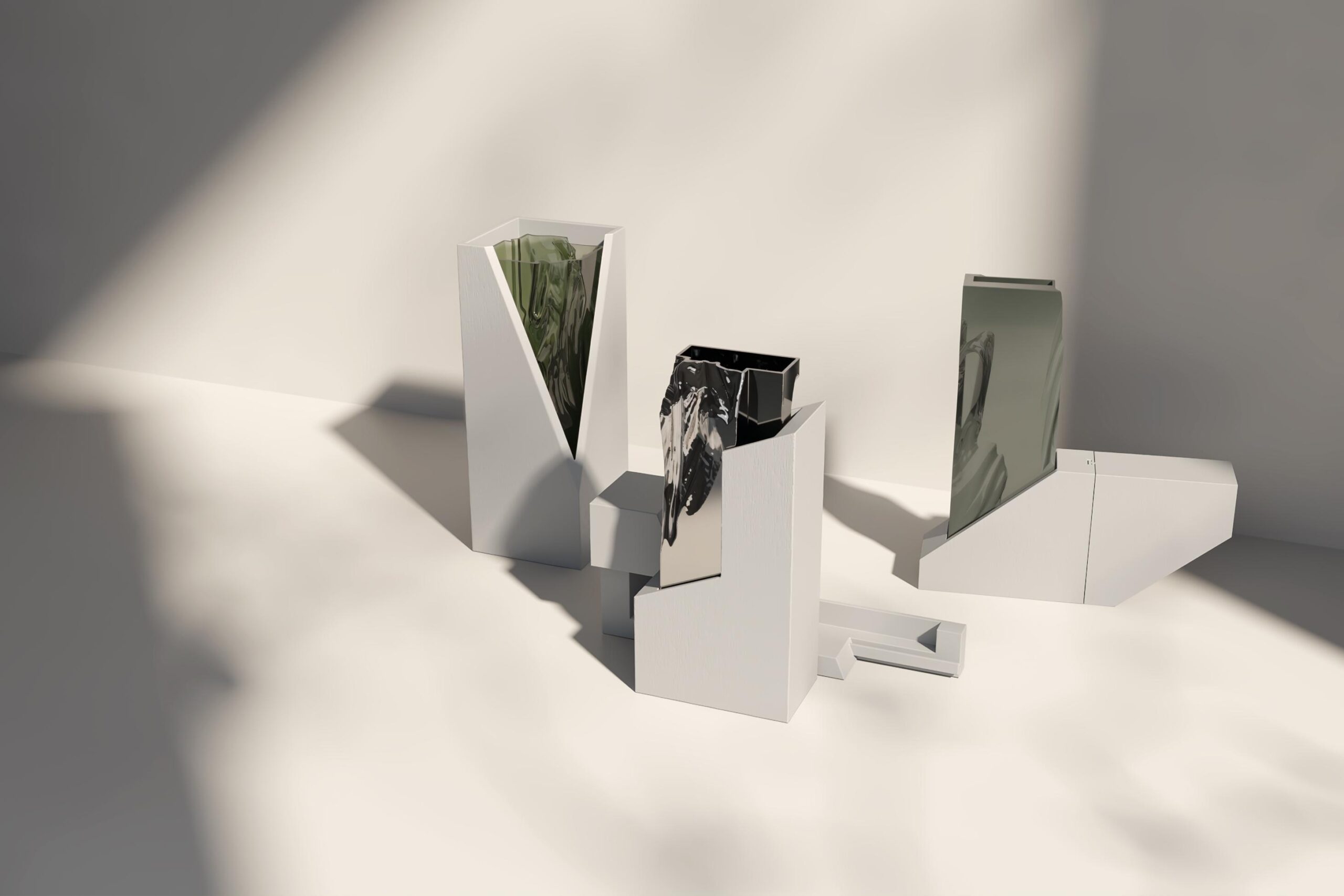 Vase collection with marble-effect finishes on modern white display stands.
