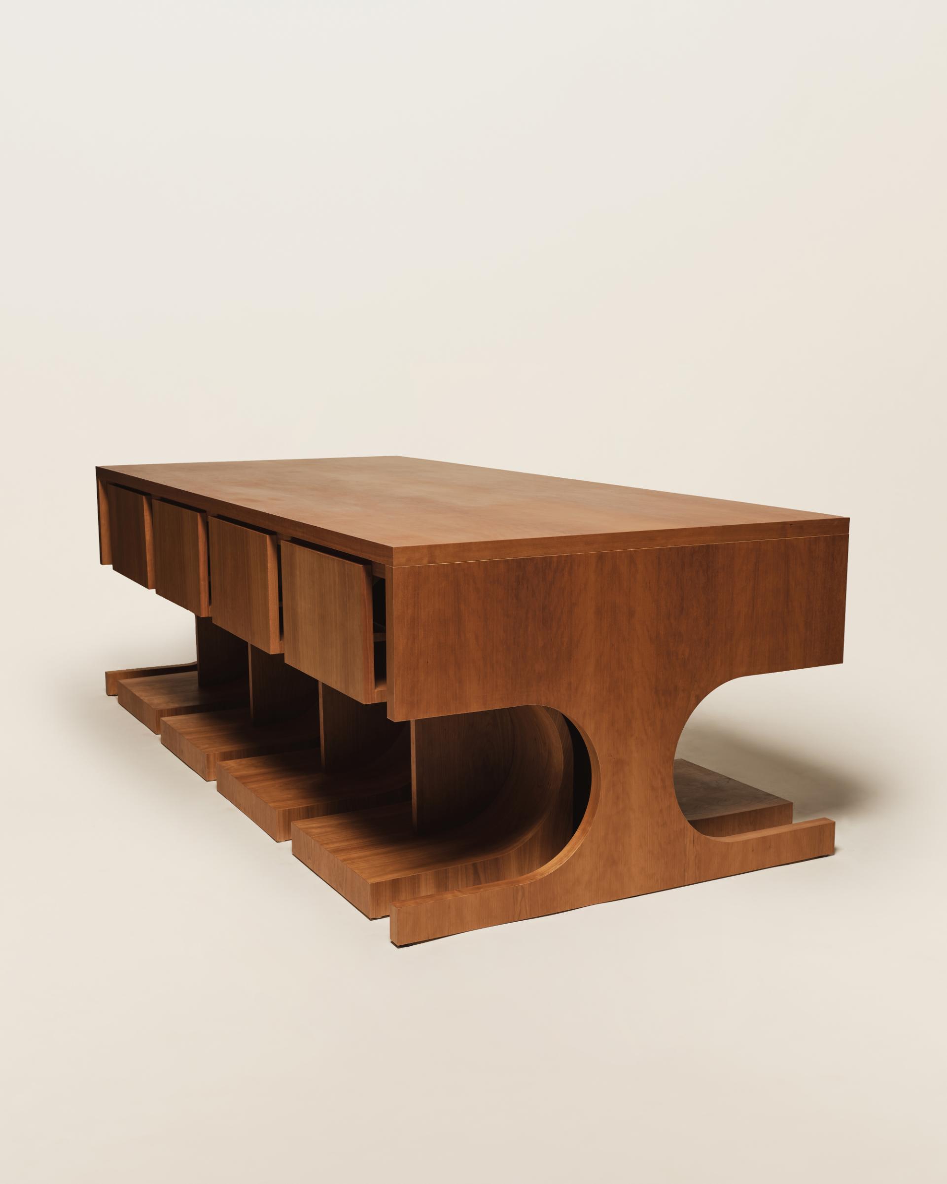 Sleek mid-century modern wooden console table with curved base and multiple compartments, handcrafted from warm-toned wood.