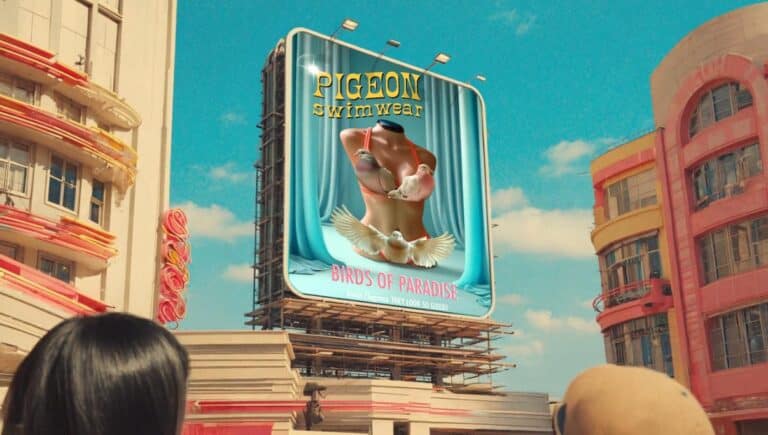 Mathery reimagines filmmaking using AI in surreal short film Vibrant vintage style billboard advertising Pigeon Swimwear with artwork of birds and a woman in swimwear.