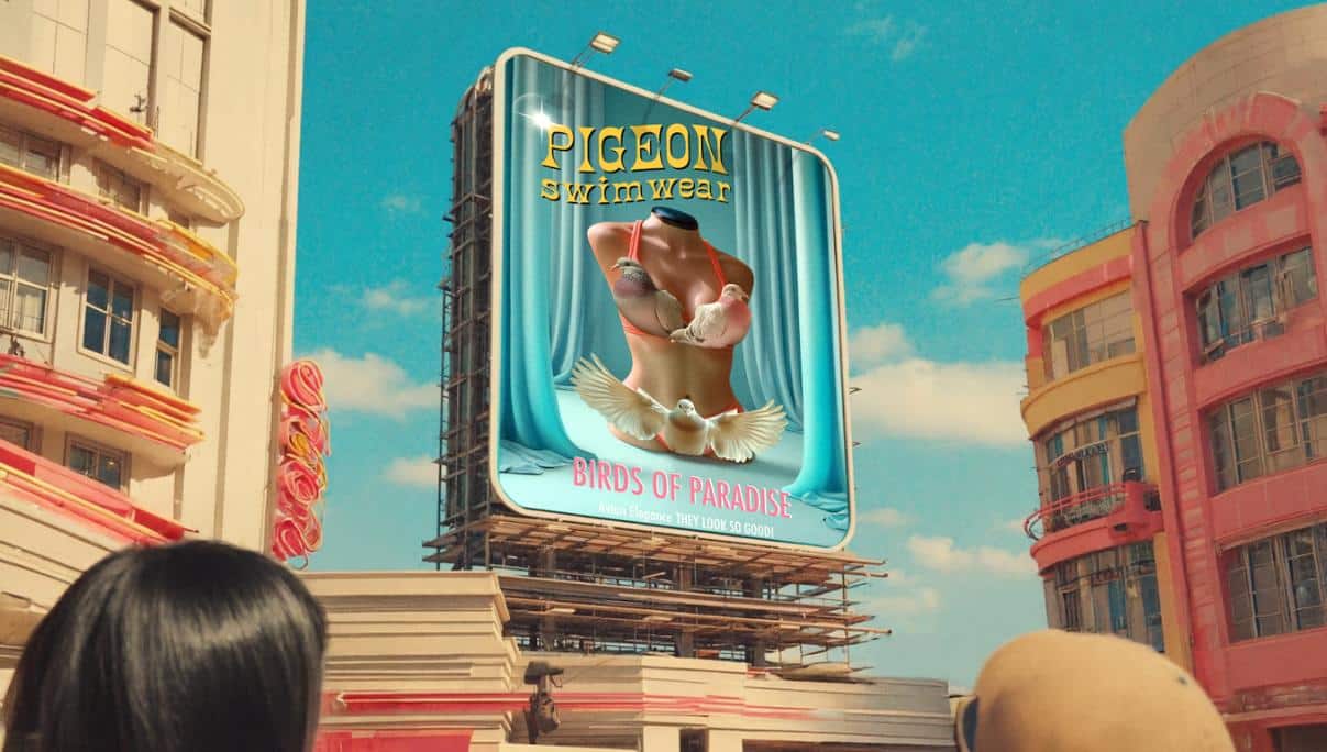 Vibrant vintage style billboard advertising Pigeon Swimwear with artwork of birds and a woman in swimwear.