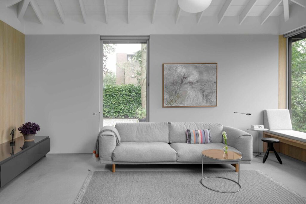 Light oak interior with exposed rafters