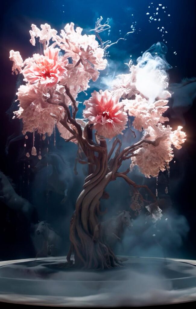 Close-up of vibrant spring flowers blooming beneath a tall oak tree