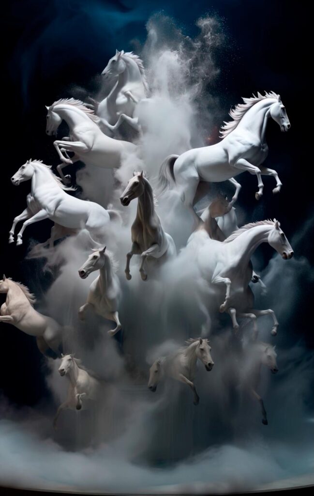 White horses galloping through a foggy meadow 