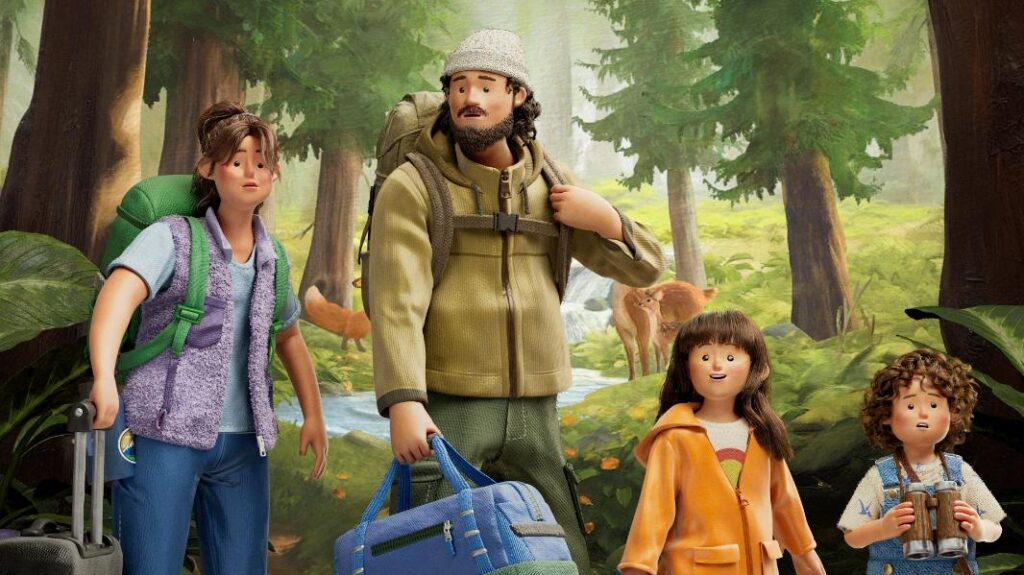Animated characters walking through a tiny, immersive forest environment in BUCK’s Airbnb spot Surrounded