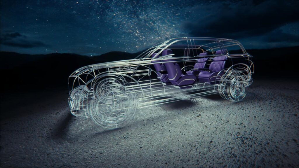 Genesis concept car featured in the Blank Space film set against a digitally rendered futuristic landscape with particle effects