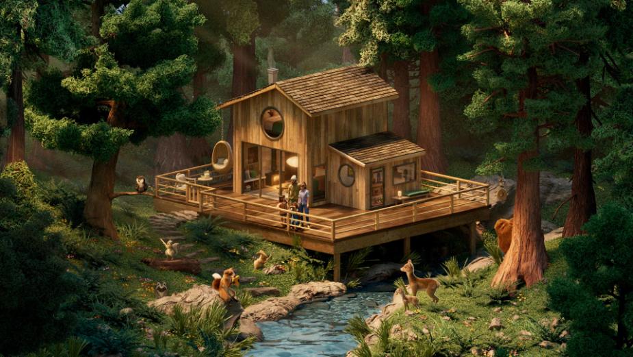 Stylized forest painting next to a realistic miniature forest set in Airbnb’s Surrounded spot by BUCK