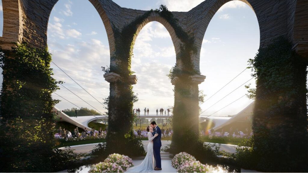 Close-up of tensioned cables supporting AUREOLA’s floating ring without touching the chapel structure