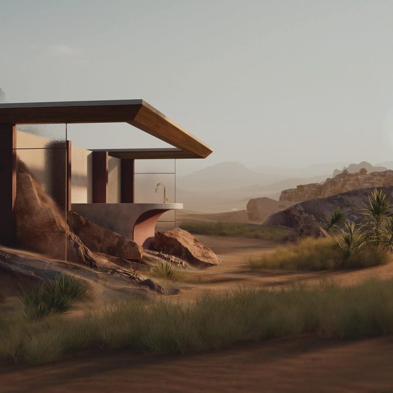 Blanco Void and Brizo creates poetic visuals inspired by Frank Lloyd Wright Modern desert house with wooden canopy and natural rock elements, scenic landscape.