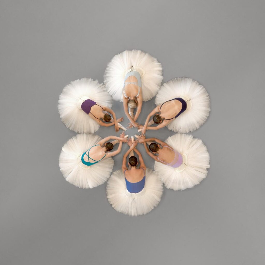 Elegant top-down view of synchronized dancers captured in refined visual balance