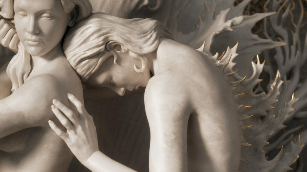 Three siren forms anchoring ornate oceanic frame in title sequence