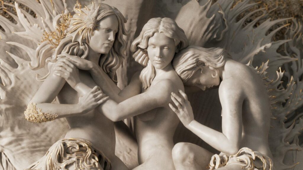Close-up of stone sculpture showing aged texture and fine detail
