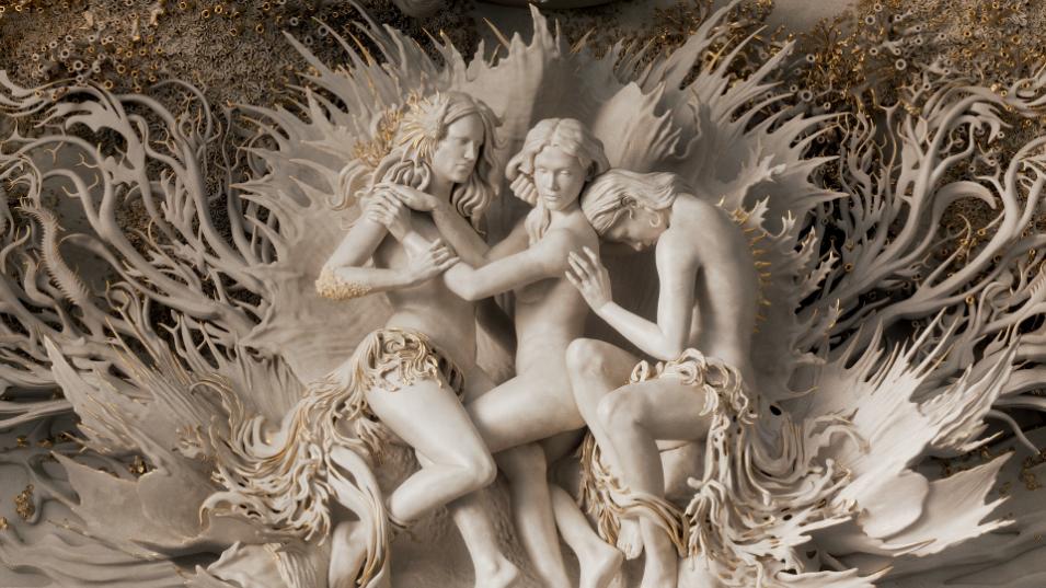 Sculpted Sirens letterforms with trapped human figures in stone