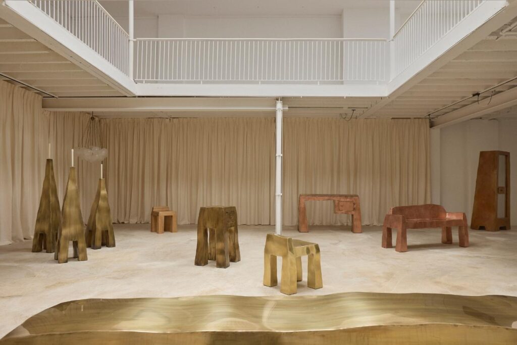 Wide shot of gallery space during Solo Show by Nick Valentijn showcasing handmade metal and wood objects