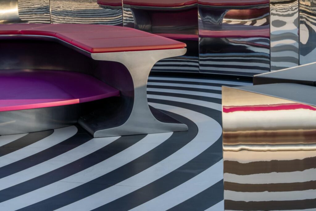 Detail view of LS24 dual-level seating system with sustainable materials and optical effects