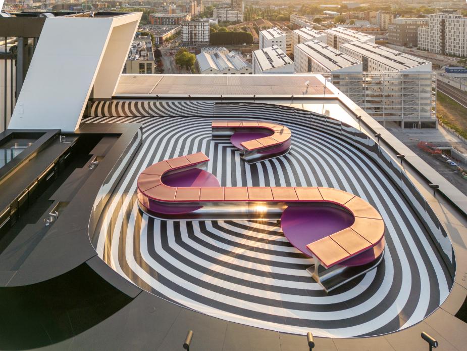 Architectural rooftop design featuring LS24 Lounge System and panoramic Milan skyline backdrop