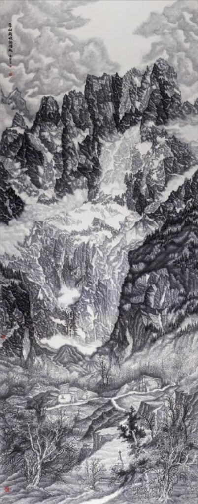 Mystical black ink landscape painting with mountains, river, moon, and boat, showcasing traditional East Asian art style.