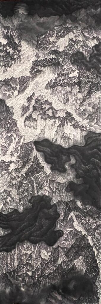 Mystical black ink landscape painting with mountains, river, moon, and boat, showcasing traditional East Asian art style.