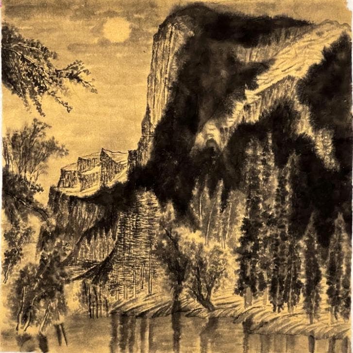 Mystical black ink landscape painting with mountains, river, moon, and boat, showcasing traditional East Asian art style.