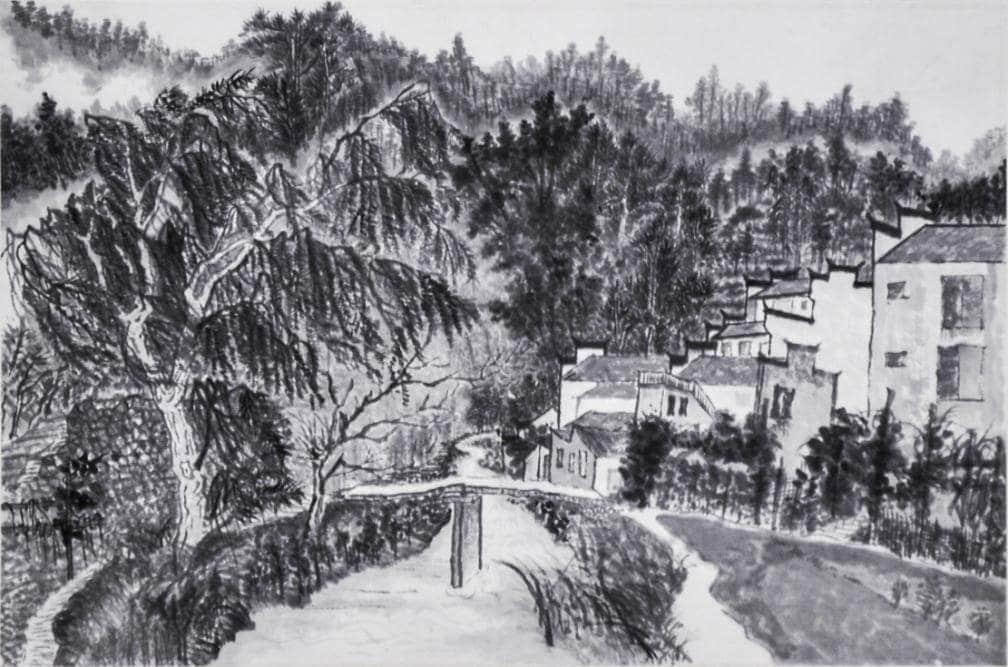 Mystical black ink landscape painting with mountains, river, moon, and boat, showcasing traditional East Asian art style.