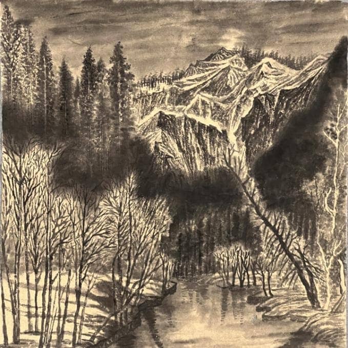 Mystical black ink landscape painting with mountains, river, moon, and boat, showcasing traditional East Asian art style.