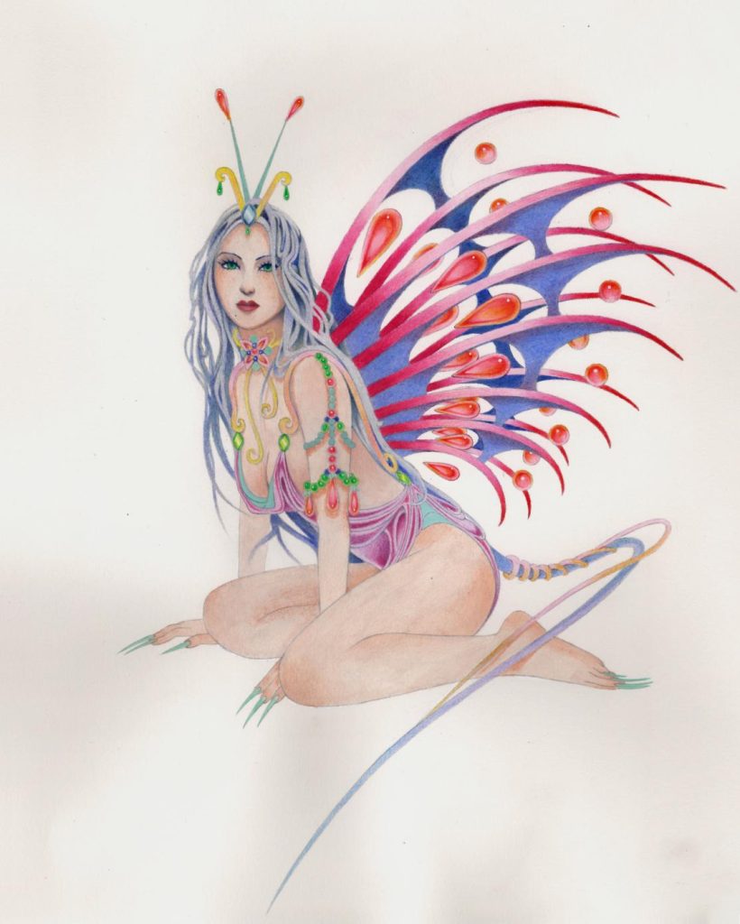Butterfly fairy with vibrant green hair and colorful wings in a lush fantasy forest.