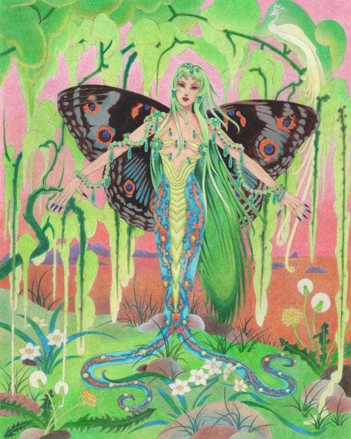 Butterfly fairy with vibrant green hair and colorful wings in a lush fantasy forest.