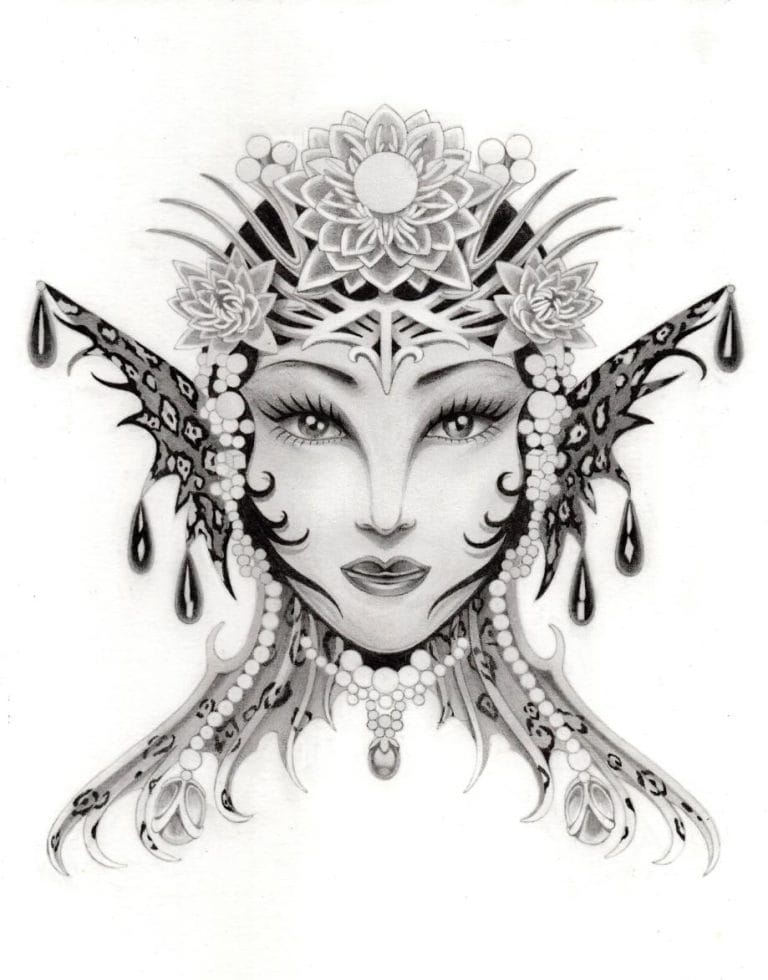 Ling is eel brings dream worlds to life through tattoo and painting Intricate fantasy woman tattoo design with floral and butterfly elements in black and white.