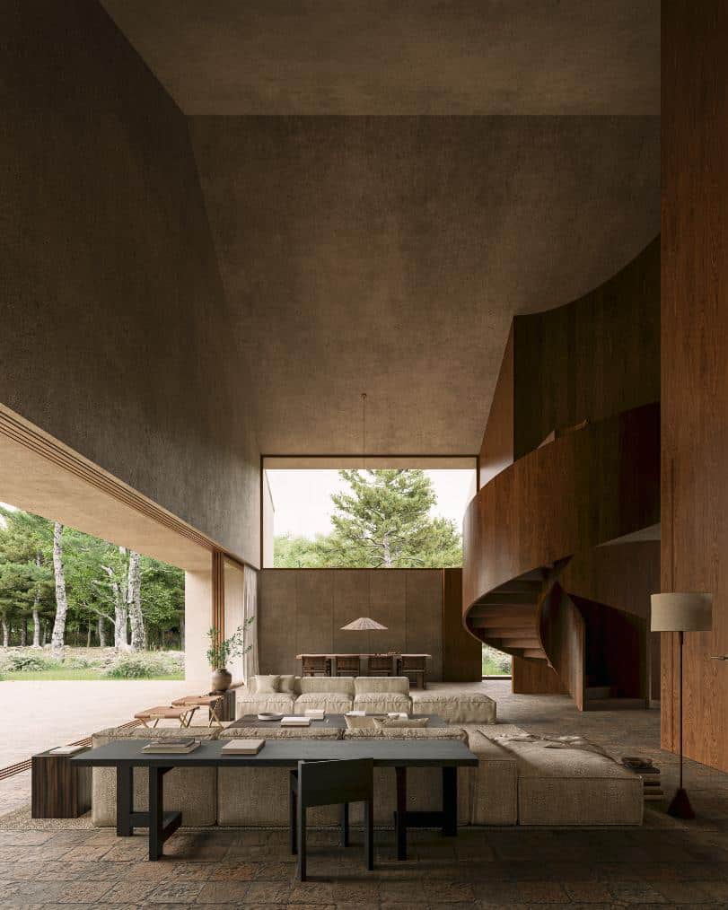 Interior living area with stone wall and warm wooden finishes