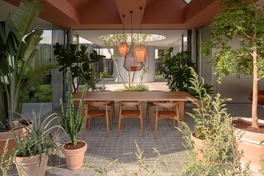 Interior view with natural light filtering through roof openings