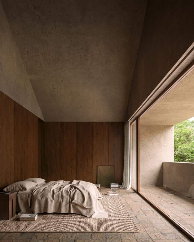 Bedroom with soft natural light and stone textures