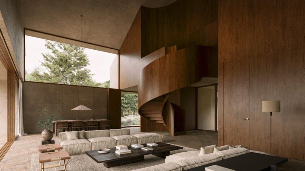 Sculptural wooden spiral staircase anchoring the central space
