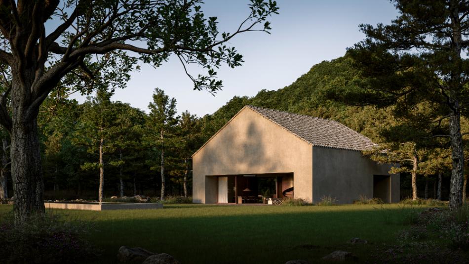 Exterior view of Vaal House showing stone walls and gabled roof surrounded by forest