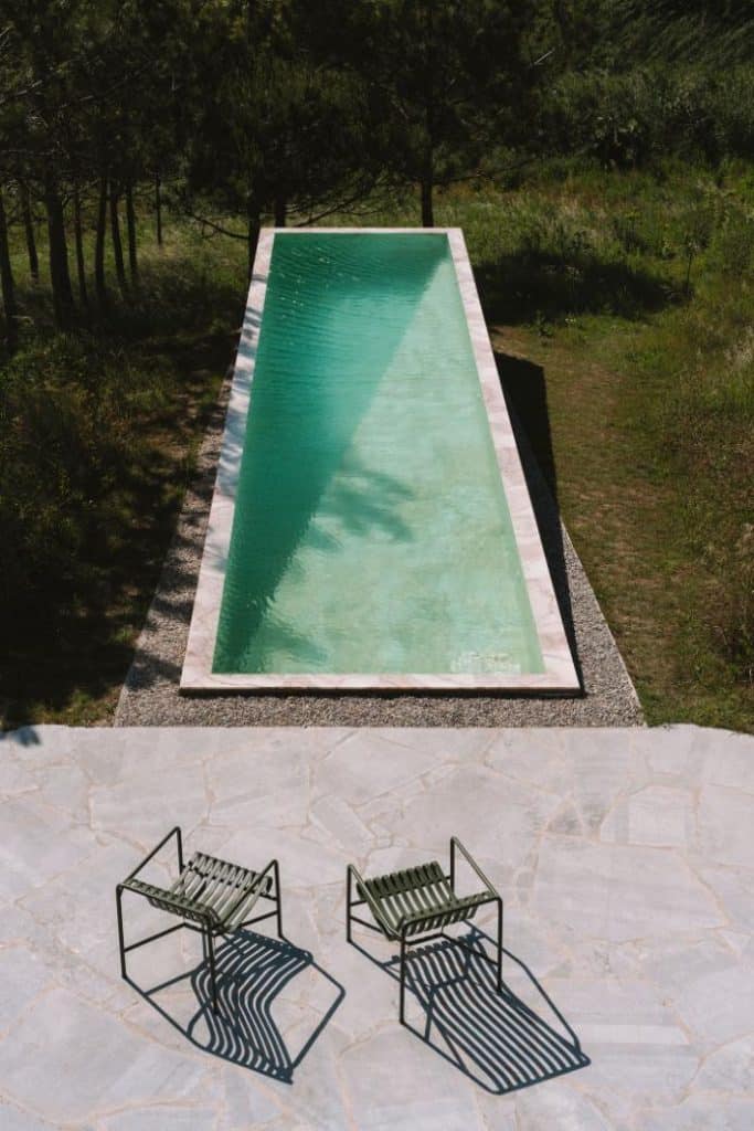Swimming pool at Casa Plaj aligned with the sea among pine trees