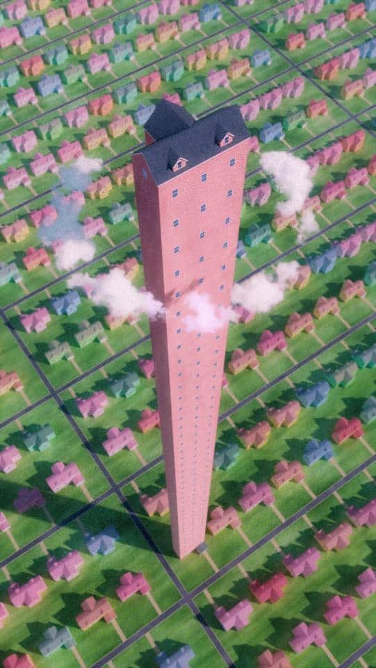 Digital artwork showing a quiet city street reimagined as a surreal landscape