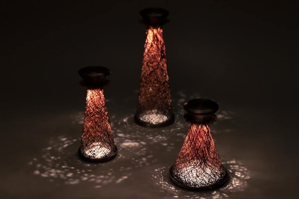 Portable Houyou lamp with sculptural conical shade crafted by Kazuki Nagasawa