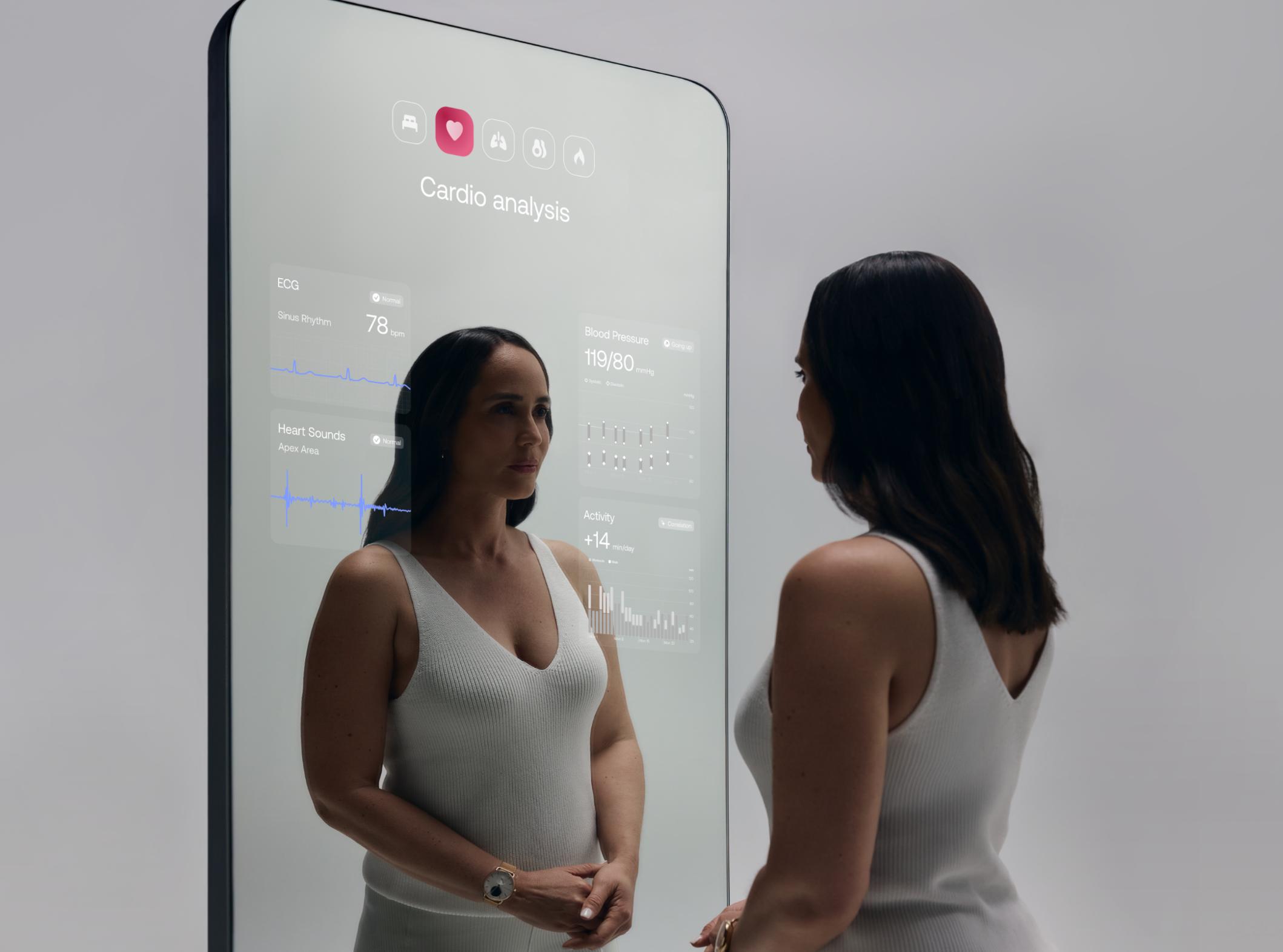 Withings OMNIA interactive mirror displaying comprehensive health metrics