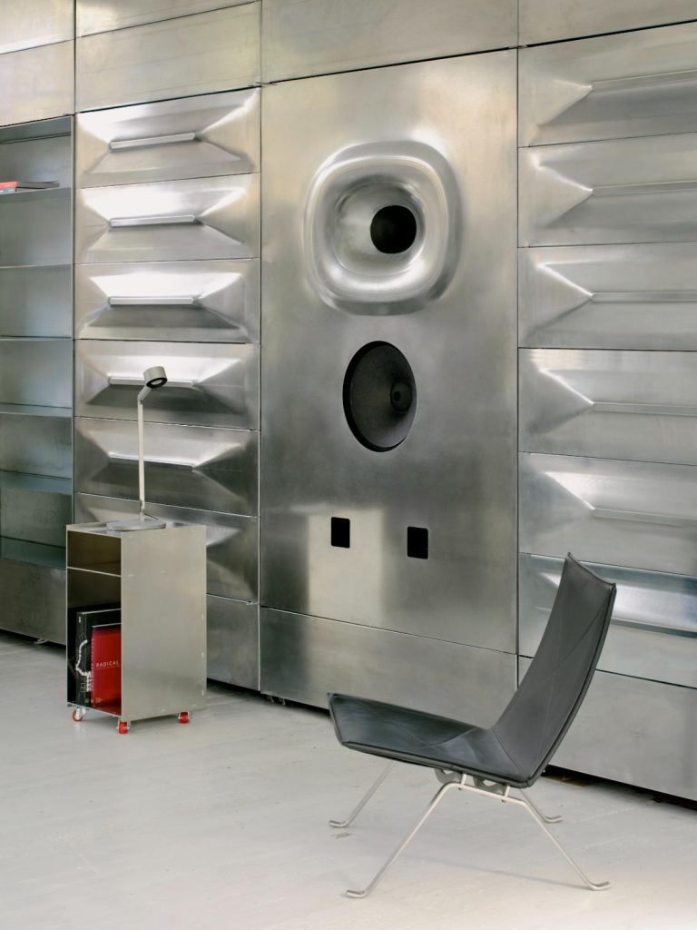 Interior of SALT Salon Borough showing steel loudspeakers in the Listening Room